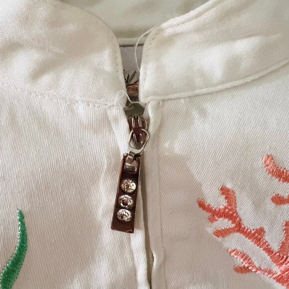 Quacker Factory Jacket Womens 2X Embroidered Tropical Fish Reef Zip Cotton White - Picture 9 of 14
